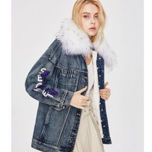JAZZEVAR Letter Embroidery Fuzzy Collar Down Denim